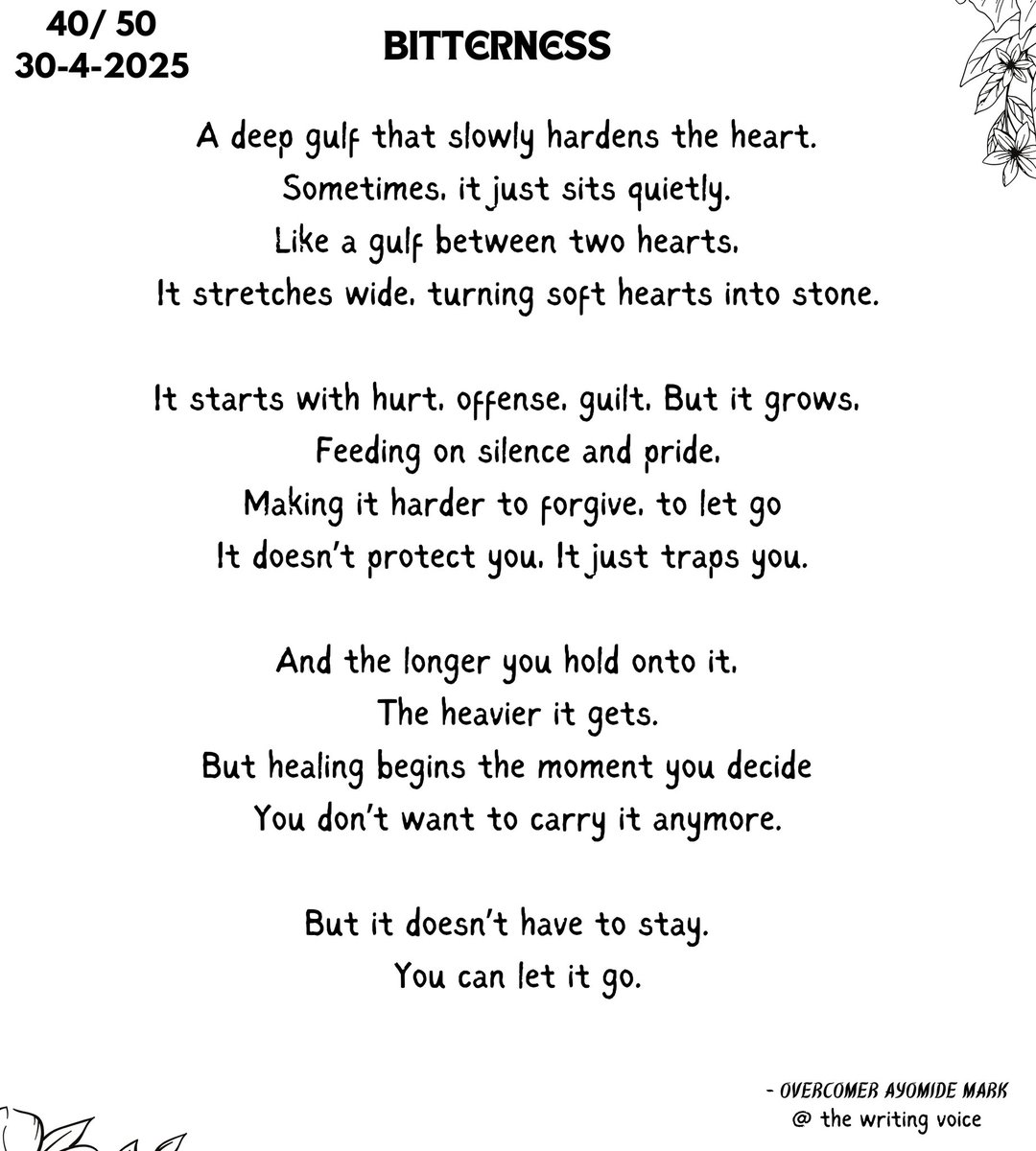thewritingvoice's tweet photo. BITTERNESS
A deep gulf that slowly hardens the heart.  
Sometimes, it just sits quietly.  

#Poetry #Poem #NationalPoetryMonth   #SpokenWord #PoetrySlam #poets #PoetryWriting #PoemOfTheDay #christianpoetry #Godisforme 
#5050challenge  #PoemWritingChallenge https://t.co/dgTHnNCYsj