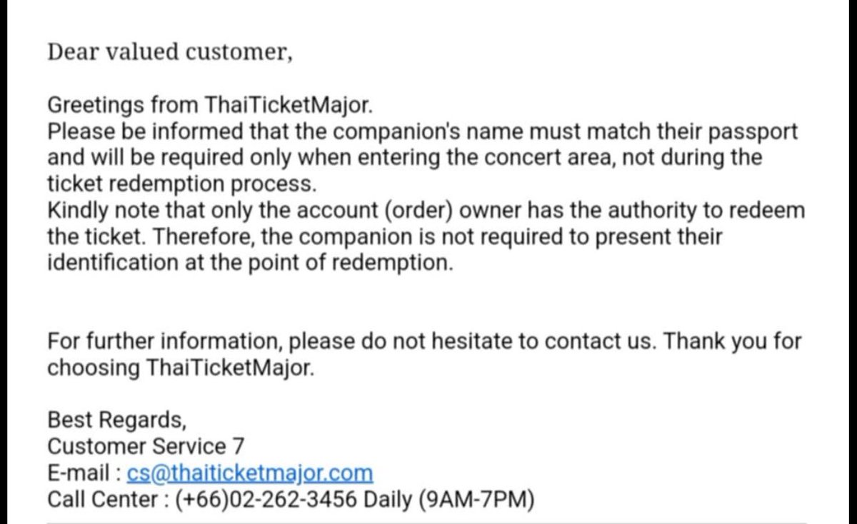 Sandy_Lim1985's tweet photo. @u42nado This is from the CS of TTM. We asked 8”if the companions of the Lead Booker should also present a valid ID when entering the arena. And this is what they replied. https://t.co/i8BDZ2TRc7
