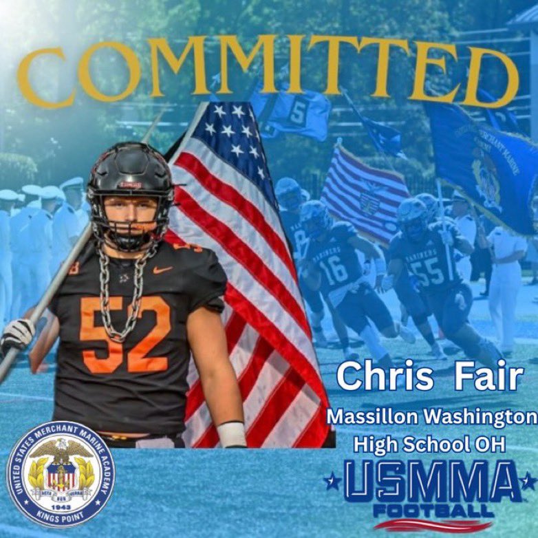 Chris Fair (@chrisfair52) on Twitter photo Honored to announce my commitment to the United States Merchant Marine Academy! Grateful to God, my family, coaches, teammates, and all who supported me along the way. Go Mariners! <a href="/CoachNMoore/">Nate Moore</a> <a href="/Warpath_55/">Warpath55</a> <a href="/coachbartelFB/">Ryan Bartel</a> <a href="/CoachKikel/">James Kikel</a> <a href="/CoachCroall/">Jameson Croall</a> <a href="/USMMAFootball/">USMMA Football</a> <a href="/USMMA_Athletics/">USMMA Athletics</a> Honored to announce my commitment to the United States Merchant Marine Academy! Grateful to God, my family, coaches, teammates, and all who supported me along the way. Go Mariners! <a href="/CoachNMoore/">Nate Moore</a> <a href="/Warpath_55/">Warpath55</a> <a href="/coachbartelFB/">Ryan Bartel</a> <a href="/CoachKikel/">James Kikel</a> <a href="/CoachCroall/">Jameson Croall</a> <a href="/USMMAFootball/">USMMA Football</a> <a href="/USMMA_Athletics/">USMMA Athletics</a>