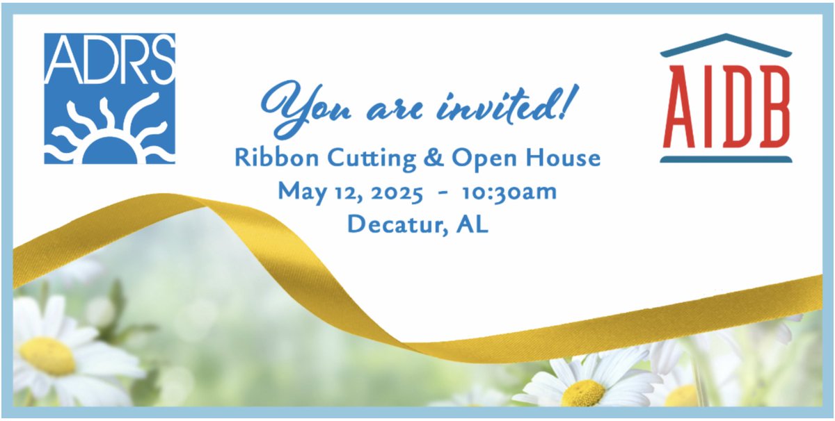 Grand opening of new ADRS office in Decatur! We're thrilled to expand services for people with disabilities in collaboration with AIDB. Ribbon-cutting ceremony at 10:30 AM
4104-2 Highway 31 South, Decatur, AL
May 12, 2025, at 10:30 AM
RSVP by May 5th!
pulse.ly/7xuugq65im