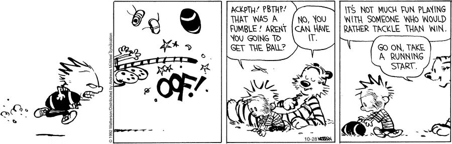 Calvin’s ball game with Hobbes gets a bit too rough! ⚽💥 Hobbes prefers tackling over winning. #CalvinAndHobbes #RoughPlay