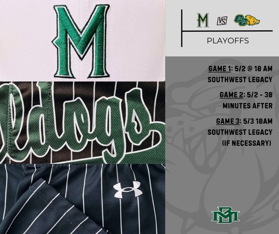 Please make note of the time changes! First pitch is 10am Friday to get ahead of the weather. If you can, please make your way to Southwest Legacy HS to support the Dogs! #WIT
<a href="/CoachTTesch/">Tim Tesch</a> <a href="/Coach_TaylorMHS/">Gordon Taylor</a> <a href="/Coach__Call/">Joel Call</a> <a href="/Marion_Bulldogs/">Marion Bulldog Athletics</a>