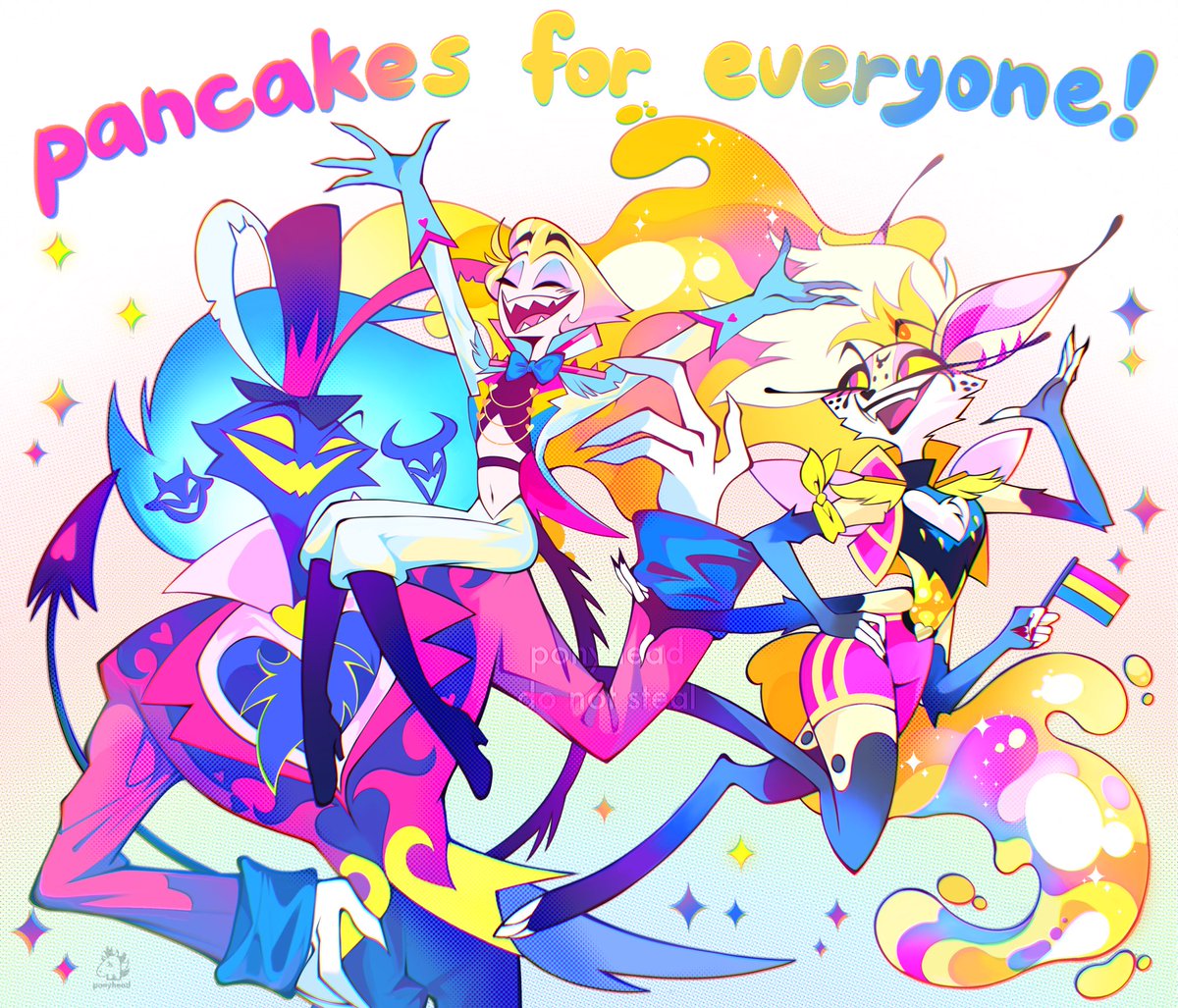 __ponyhead__'s tweet photo. Who wants some pancakes?🔥💖💛💙

#HazbinHotel #HelluvaBoss #LuciferMorningstar #Ozzie #Beelzebub https://t.co/aYvOFQYn7U