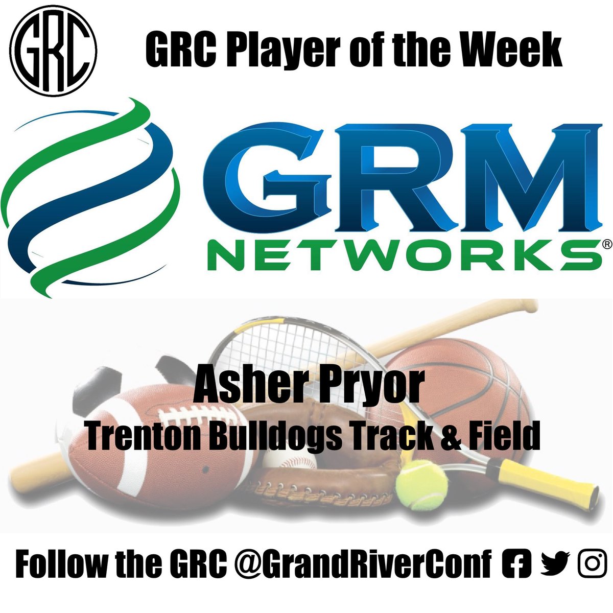 The GRM Networks GRC Player of the Week is Asher Pryor of the Trenton Bulldogs Track &amp; Field Team. Asher won 4 events last week including the 1600 Meter Run at the Jim King Relays and Gary Ewing Invitational, the 800 Meter Run at the Gary Ewing Invitational, and the 400 Meter