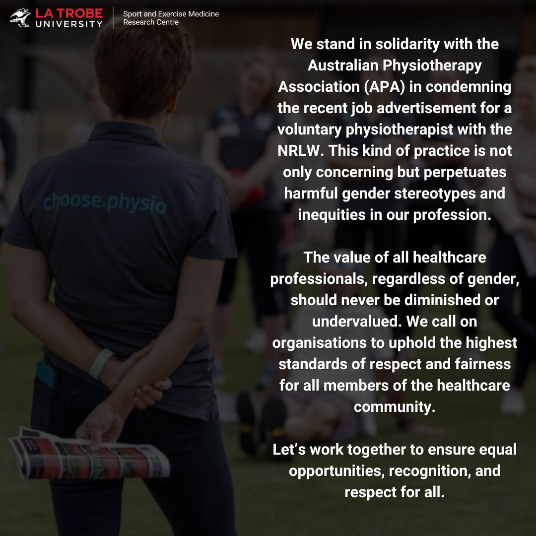 La Trobe SEMRC (@latrobesem) on Twitter photo Standing in solidarity with the APA and all Australian physiotherapists. The value of healthcare professionals should never be undervalued.Just a year ago our team collaborated on this incredible paper, one that we reflect back on today with hopes for change đź’Ş
#APA #LASEM #NRLW Standing in solidarity with the APA and all Australian physiotherapists. The value of healthcare professionals should never be undervalued.Just a year ago our team collaborated on this incredible paper, one that we reflect back on today with hopes for change đź’Ş
#APA #LASEM #NRLW