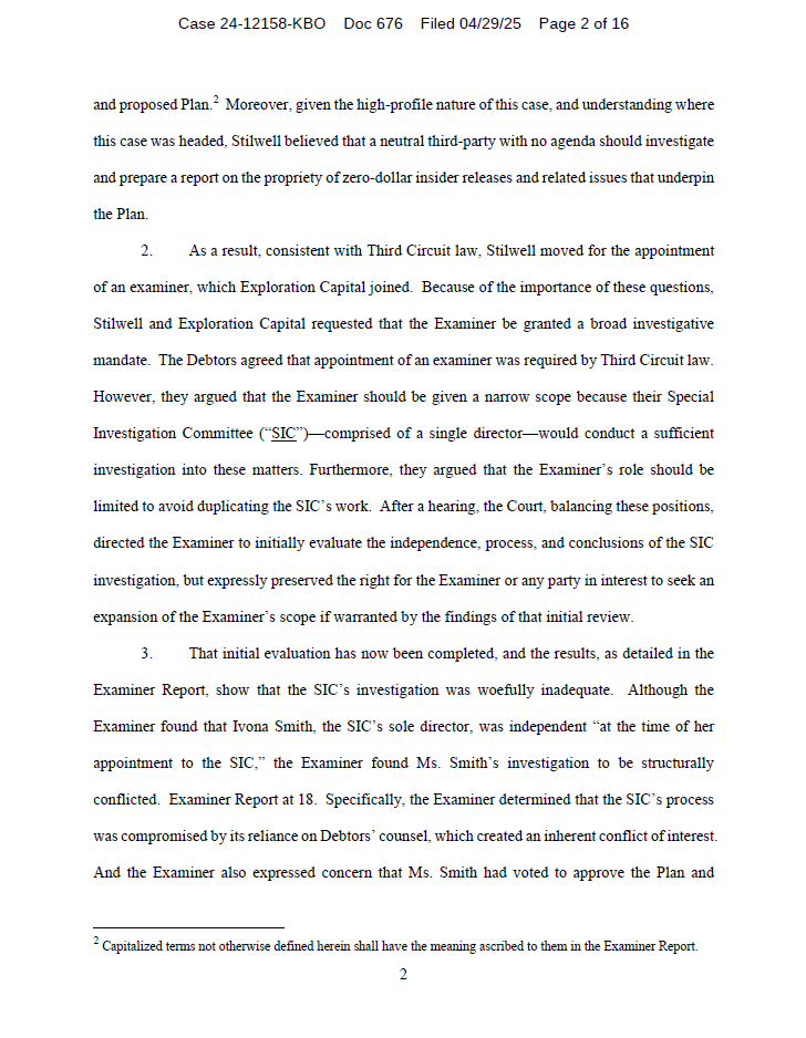 StephenGustin's tweet photo. Stilwell and X-Cap filed a joint motion to expand the scope of the Silvergate Examiner's investigation given the Examiner's finding that the Company's internal investigation was not only flawed, but structurally-conflicted.

https://t.co/FNpbVv5bd0

( $SICP / $SICPQ ) https://t.co/uufupcfJrY