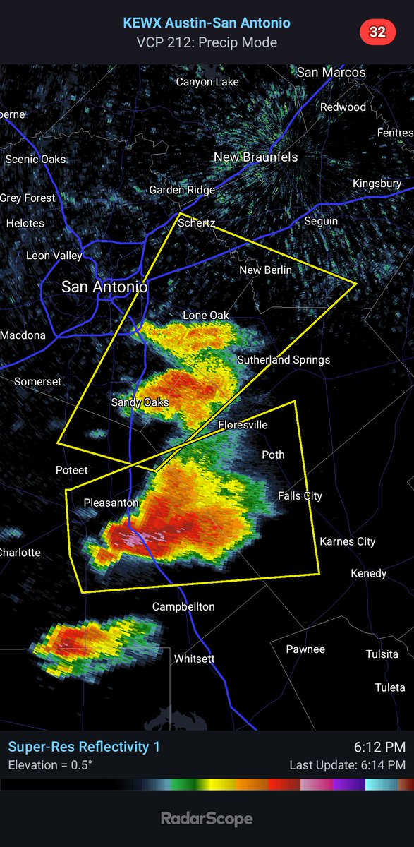 6:14pm Radar: SEVERE THUNDERSTORM WARNINGS just southeast of San Antonio.

Half dollar dized hail is heading for eastern Bexar County, including Elmendorf and Lone Oak.

TENNIS BALL sized hail is falling in eastern Atascosa County, heading toward Falls City #txwx