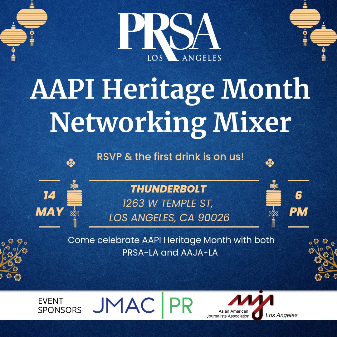 PRSAWesternDistrict (@prsawestdist) on Twitter photo AAPI HERITAGE MONTH NETWORKING MIXER
Wednesday, May 14, 2025 • 6 - 9 PM PDT
Thunderbolt • 1263 W Temple St, Los Angeles
Join #PRSALA and <a href="/AAJAla/">Asian American Journalists LA</a> for a special AAPI celebration. A complimentary drink included.
RSVP: lp.constantcontactpages.com/ev/reg/ma2gmdb
#aapiheritagemonth #aajala AAPI HERITAGE MONTH NETWORKING MIXER
Wednesday, May 14, 2025 • 6 - 9 PM PDT
Thunderbolt • 1263 W Temple St, Los Angeles
Join #PRSALA and <a href="/AAJAla/">Asian American Journalists LA</a> for a special AAPI celebration. A complimentary drink included.
RSVP: lp.constantcontactpages.com/ev/reg/ma2gmdb
#aapiheritagemonth #aajala
