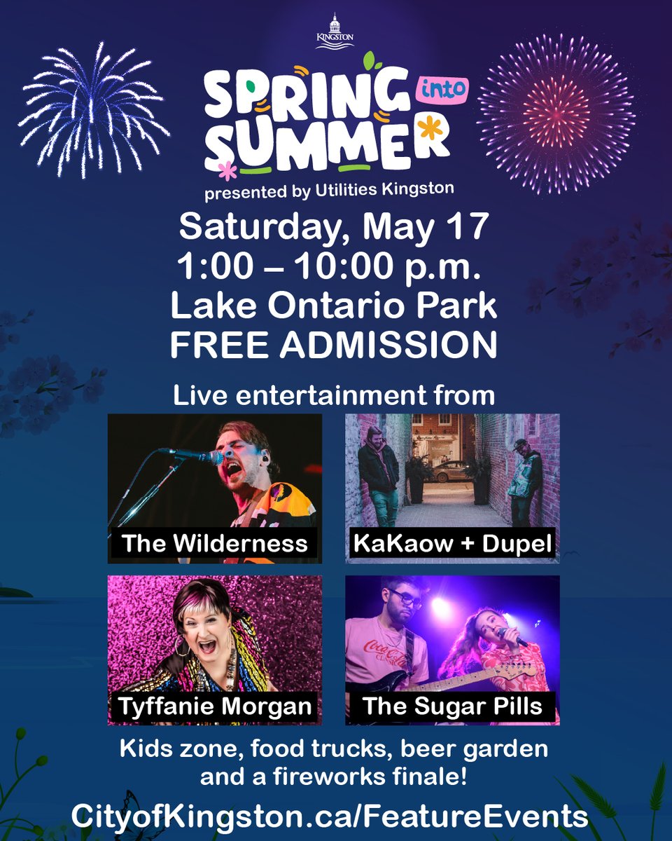 🌞🎸 Join us for Spring into Summer presented by Utilities Kingston, Saturday, May 17 at Lake Ontario Park!  A day of fun activities for all ages, live music, food &amp; community, PLUS an incredible fireworks finale at 9:30 p.m.!  

More info:  cityofkingston.ca/arts-culture-a…