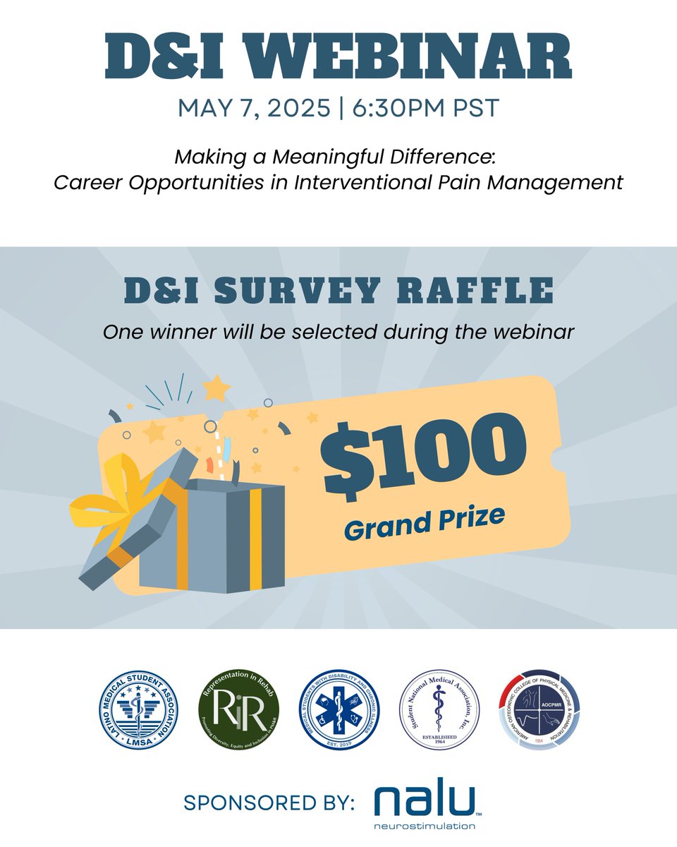 Don’t miss your opportunity to win the grand prize!

Join us on May 7th at 6:30 PM PST for the D&amp;I Webinar: Making a Meaningful Difference – Career Opportunities in Interventional Pain Management

Survey - form.jotform.com/251194486712158
Register -us06web.zoom.us/webinar/regist…