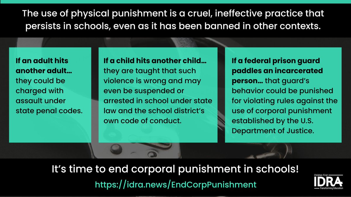 Corporal punishment is still legal in 20 U.S. states, harming ~70,000 students a year—disproportionately Black students &amp; students with disabilities. It’s time to end this cruel, outdated practice. #EndCorporalPunishment #SafeSchools #EducationEquity idra.news/EndCorpPunishm…