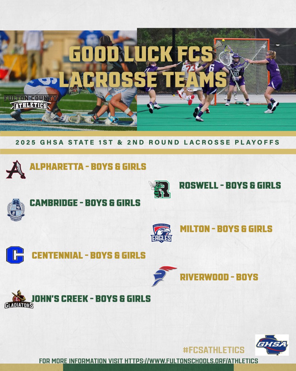 Good luck @fultoncountyschools LAX🥍  teams in the @officialghsa playoffs!!! #winandadvance #FCSAthletics