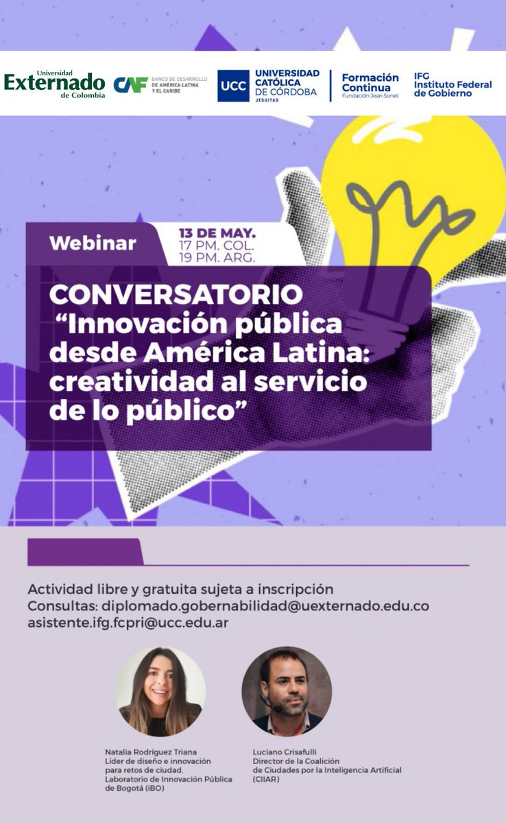 📣 Conversatorio gratuito "Innovación pública desde América Latina". Con Natalia Rodríguez Triana (iBO) y Luciano Crisafulli (CIIAR).

Organizan: <a href="/UExternado/">U.Externado</a>, <a href="/IFGUCC/">Instituto Federal de Gobierno UCC</a> y <a href="/AgendaCAF/">CAF</a>

📝Inscripción: uexternado.zoom.us/meeting/regist…
+Info del diplomado: bit.ly/4jrmd6C