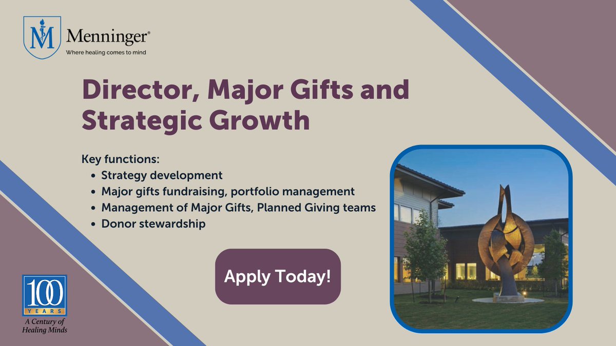 We're looking for a strategic, relationship-focused Director of Major Gifts and Strategic Growth to help advance mental healthcare through high-impact philanthropy. Learn more: bit.ly/MenningerJobs.

#FundraisingJobs #PhilanthropyJobs #MajorGiftsJobs #Houston