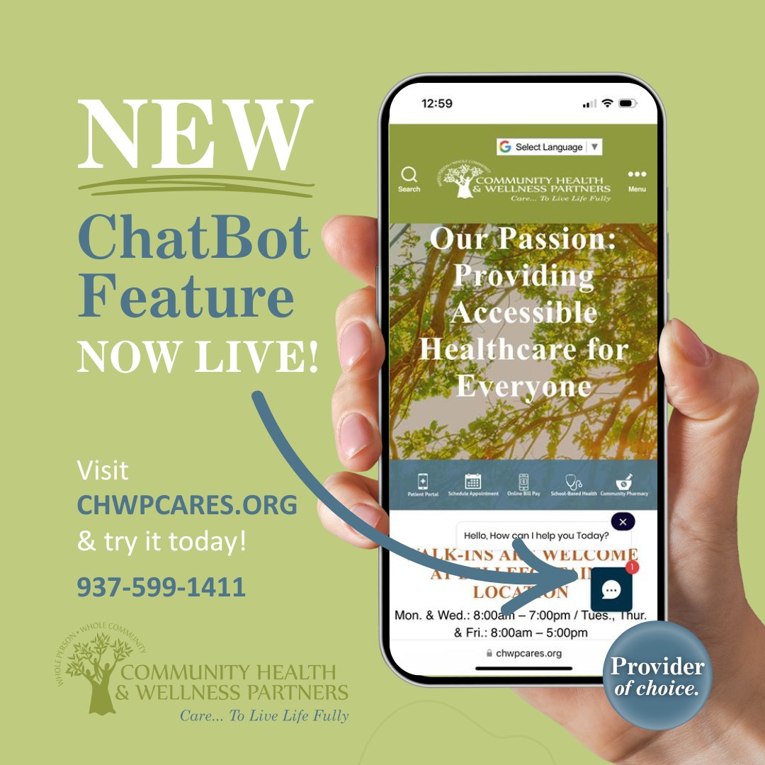 At CHWP, we live our mission, and that means making healthcare more accessible. 

When you visit our website, you’ll notice a new chatbot in the bottom right corner of your screen.
#CHWPcares #WholePersonCare #PatientCentered #CommunityHealth #DigitalAccess #HealthForAll