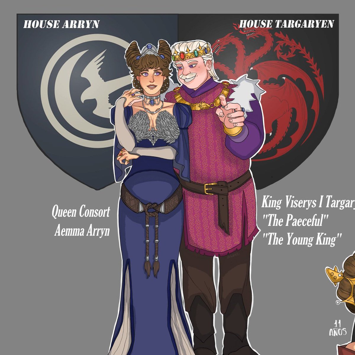 dew_mop's tweet image. The King Viserys I Targaryen and his Queen Consort Aemma Arryn.

"In the year 93, the young sixteen-year-old prince, Viserys Targaryen, marriend his cousin, Lady Aemma Arryn, who was only eleven years old..."

#viserysitargaryen #aemmaarryn #ASOIAF #asoiaffanart #fireandblood