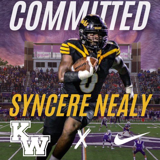 Syncere Nealy (@syncere_nealy) on Twitter photo Extremely grateful for my bear community and everyone who took their time to recruit me I am officially 100% committed to <a href="/kwufootball/">Kansas Wesleyan University Football</a> 🤍💜<a href="/Coach_Blah/">Benjamin Blahauvietz</a> <a href="/coachcarter1911/">CoachCarter7</a> <a href="/CoachPowell17/">Coach Powell</a> <a href="/AliefHastingsFB/">Hastings Football</a> gone forever show out for the black and gold💛🖤 Extremely grateful for my bear community and everyone who took their time to recruit me I am officially 100% committed to <a href="/kwufootball/">Kansas Wesleyan University Football</a> 🤍💜<a href="/Coach_Blah/">Benjamin Blahauvietz</a> <a href="/coachcarter1911/">CoachCarter7</a> <a href="/CoachPowell17/">Coach Powell</a> <a href="/AliefHastingsFB/">Hastings Football</a> gone forever show out for the black and gold💛🖤