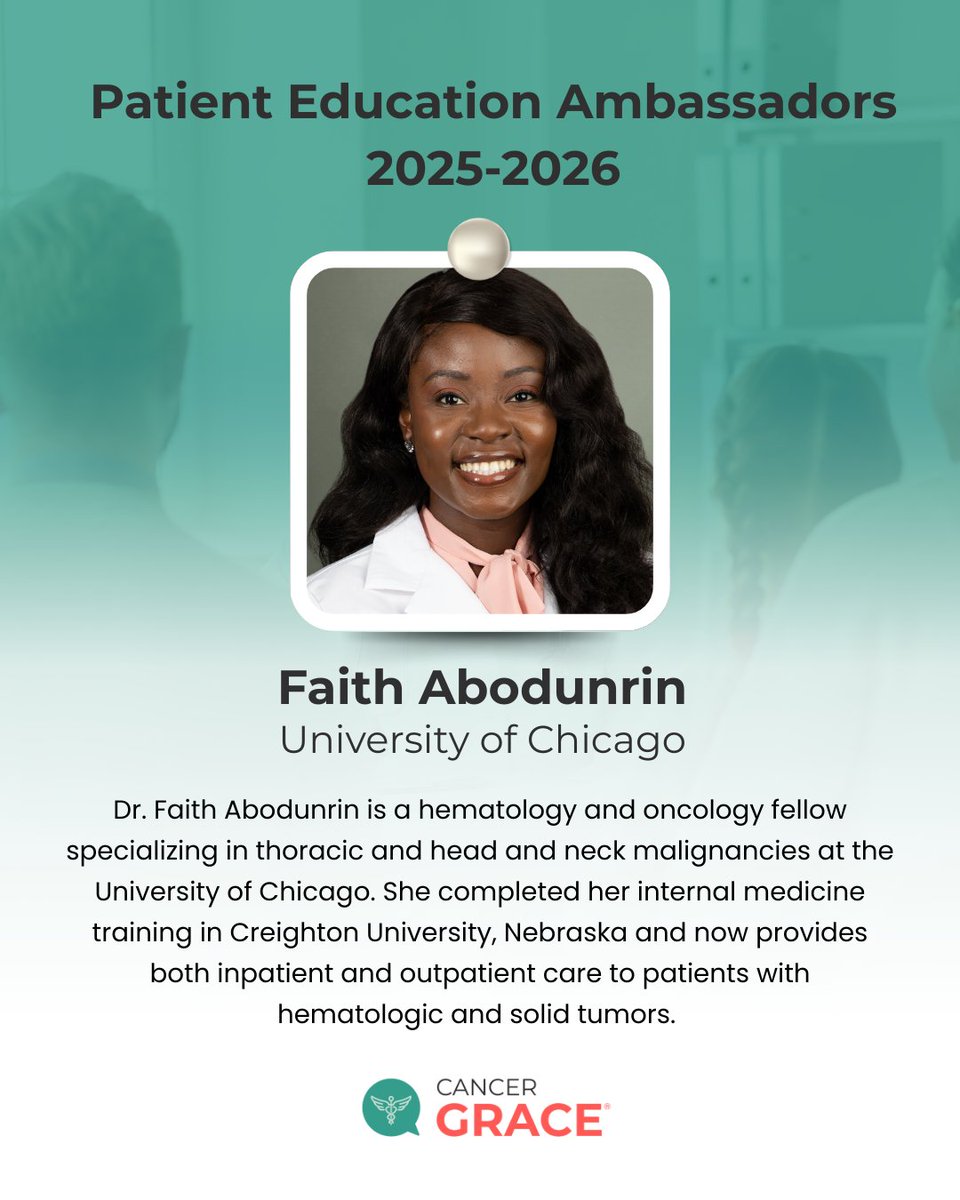 GRACE (@cancergrace) on Twitter photo A Warm Congratulations to Dr. Faith Abodunrin!
We are delighted to recognize Dr. <a href="/your_hemoncdoc/">Faith Abodunrin MD</a> as one of our four rising stars selected for the Patient Education Ambassadors Program for the years 2025 and 2026.
Dr. Abodunrin is a dedicated hematology and oncology fellow at A Warm Congratulations to Dr. Faith Abodunrin!
We are delighted to recognize Dr. <a href="/your_hemoncdoc/">Faith Abodunrin MD</a> as one of our four rising stars selected for the Patient Education Ambassadors Program for the years 2025 and 2026.
Dr. Abodunrin is a dedicated hematology and oncology fellow at