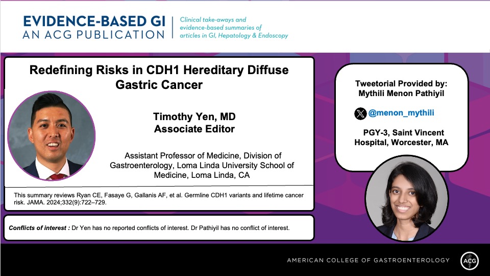 Evidence-Based GI: An ACG Publication (EBGI) (@acg_ebgi) on Twitter photo 1/ ⏰ for #EBGI Tweetorial🧵w/ <a href="/menon_mythili/">Mythili Menon Pathiyil(she/her)</a>!
“Redefining Risks in CDH1 Hereditary Diffuse Gastric Cancer”
📜Summary bit.ly/4cTynTn
🎧 Podcast bit.ly/4lUmoJo
📰Article bit.ly/4jyift7
#GITwitter 1/ ⏰ for #EBGI Tweetorial🧵w/ <a href="/menon_mythili/">Mythili Menon Pathiyil(she/her)</a>!
“Redefining Risks in CDH1 Hereditary Diffuse Gastric Cancer”
📜Summary bit.ly/4cTynTn
🎧 Podcast bit.ly/4lUmoJo
📰Article bit.ly/4jyift7
#GITwitter