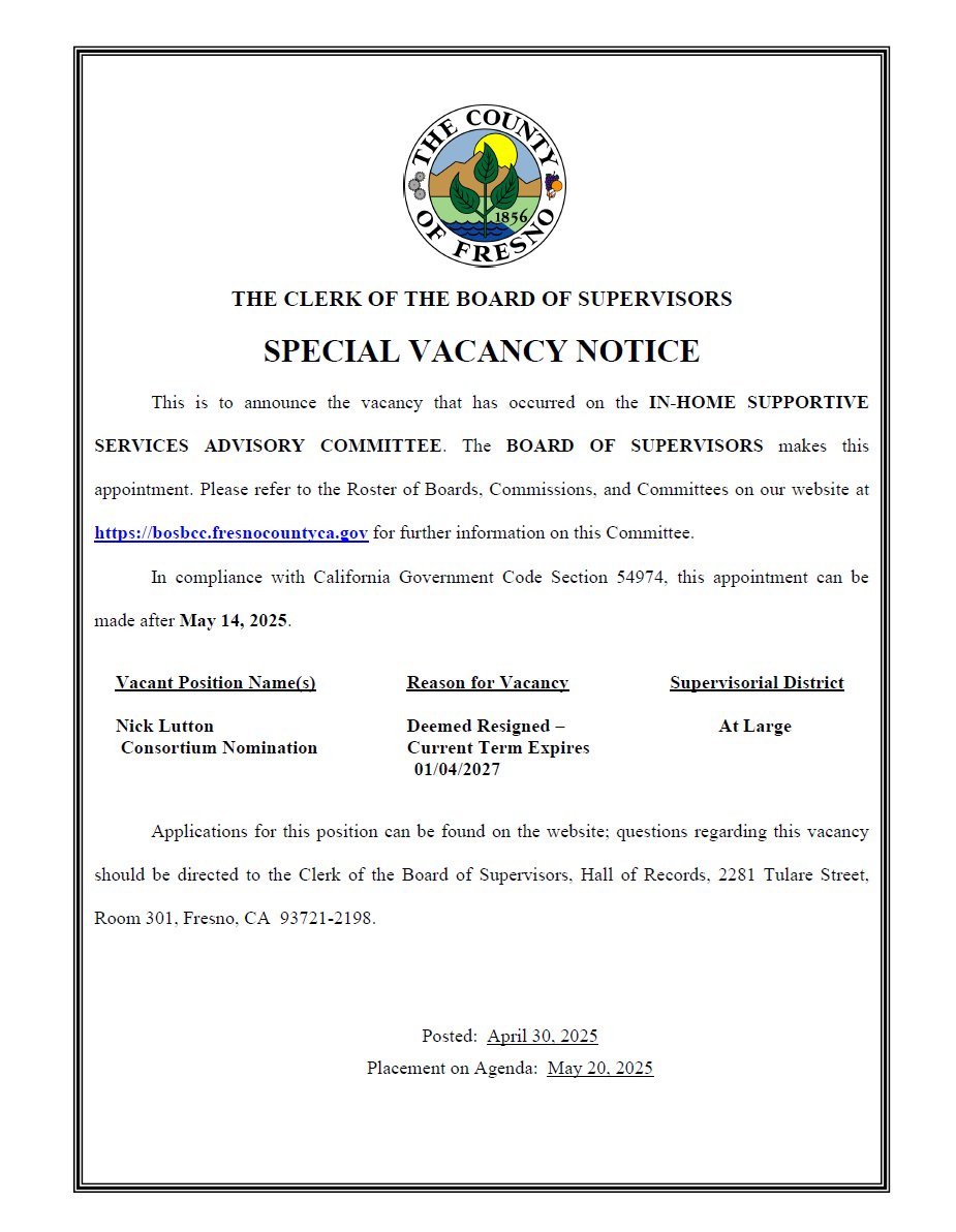 The Clerk of the Board of Supervisors announces a special vacancy notice.

If you are interested in applying to this position, please click on the link below:
bosbcc.co.fresno.ca.us