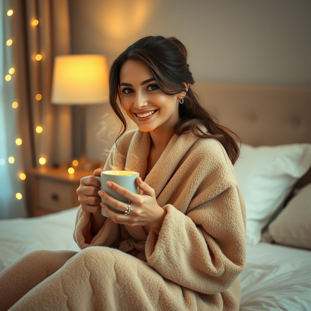 aries14000's tweet photo. Good night, everyone! 🌙 Let’s wrap up the day with a cozy bang—she’s sipping a warm drink, wrapped in a fluffy robe, surrounded by twinkling lights that scream relaxation! Dive into dreamland with this warm, magical vibe! ✨☕ #GoodNight #CozyVibes #DreamBig #NighttimeMagic https://t.co/P0tWfHNb5J