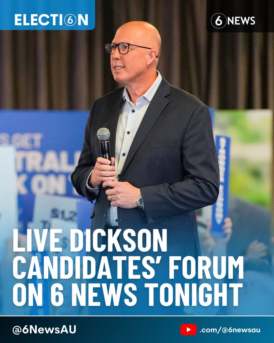 TONIGHT: Peter Dutton’s marginal seat of Dickson is in the spotlight at a candidates’ forum, organised by Pint &amp; Parmi Politics and broadcast by 6 News

Dutton, Ali France (Labor), Ellie Smith (independent), and Vinnie Batten (Greens) have been invited

LIVE from 6:45pm AEST