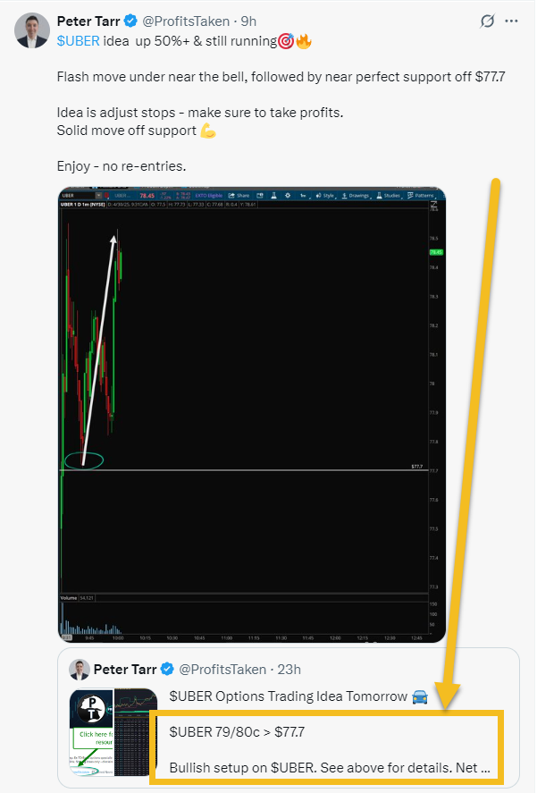 ProfitsTaken's tweet photo. $UBER idea hit today for 284% peak move 🤑🚘

$UBER 80c $.49 ➡️$1.88 💰💰🚀284%

Receipts / screenshots below.

Been a 🔥week thus far. I shared $CHTR, $PANW & $UBER.

Interest in a target for tomorrow? 
Add ❤️ & comment 👇