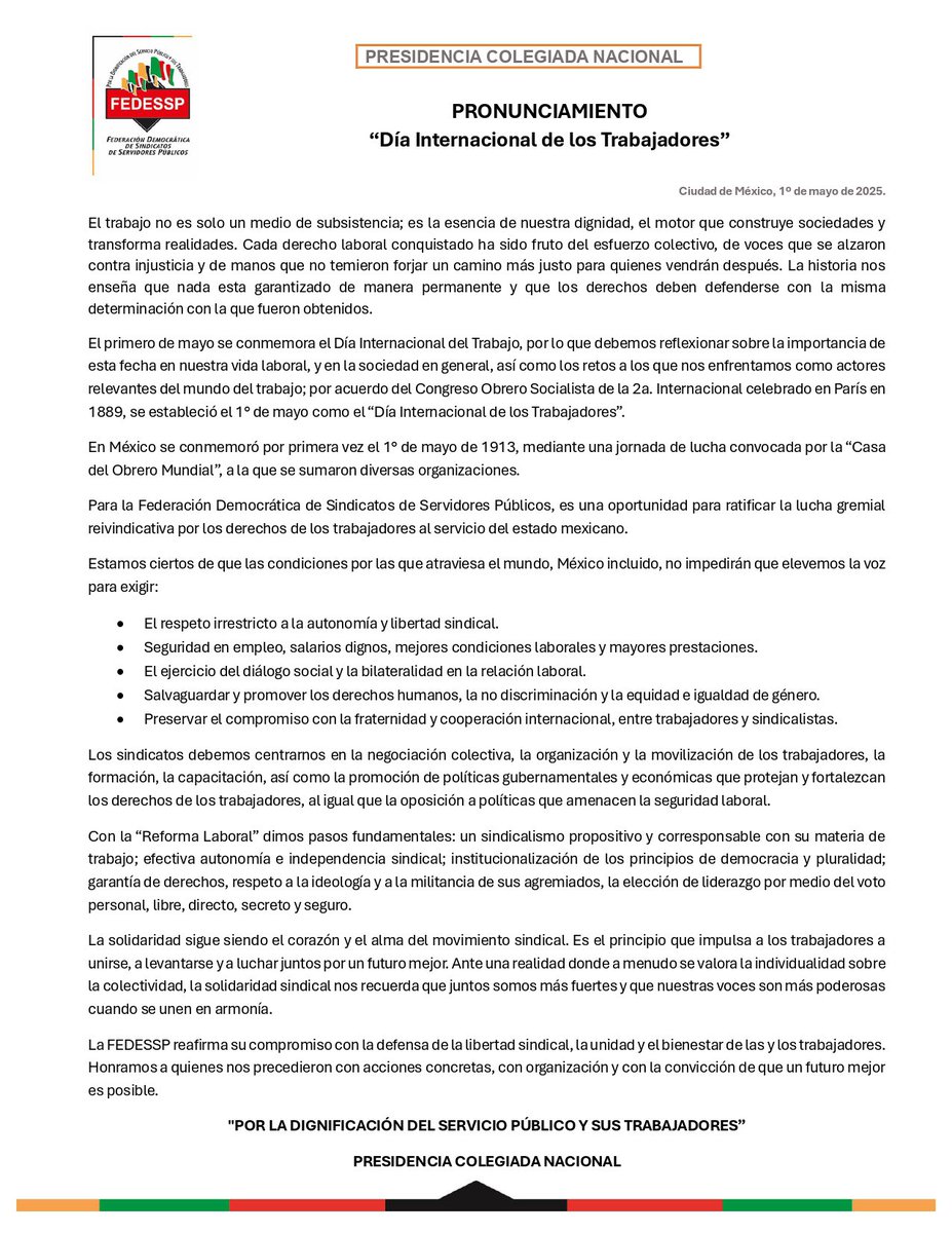 “Día Internacional del Trabajo”
El 1° de mayo de 1913, por primera vez, se conmemoró en México.

A 112 años, en esta cita con la historia, Honramos las Luchas de los “Mártires de Chicago”, de "Cananea" y de "Río Blanco".
<a href="/agusaviles1/">Agustín Avilés</a> <a href="/pedrojoseescar3/">pedro jose escarcega delgado</a> <a href="/censntsict/">SNTSICT</a> <a href="/marudavalos29/">Maru Dávalos</a>