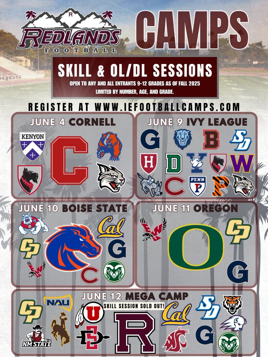 Redlands Bulldog Football (@uofr_football) on Twitter photo New schools added to the camps:
<a href="/CSUFootball/">Colorado State Football</a>
<a href="/MinesFootball/">Mines Football</a>
<a href="/KenyonFootball/">Kenyon Football</a>
Get signed up at: iefootballcamps.com
Limited capacity per session.
More schools to be added soon!! New schools added to the camps:
<a href="/CSUFootball/">Colorado State Football</a>
<a href="/MinesFootball/">Mines Football</a>
<a href="/KenyonFootball/">Kenyon Football</a>
Get signed up at: iefootballcamps.com
Limited capacity per session.
More schools to be added soon!!