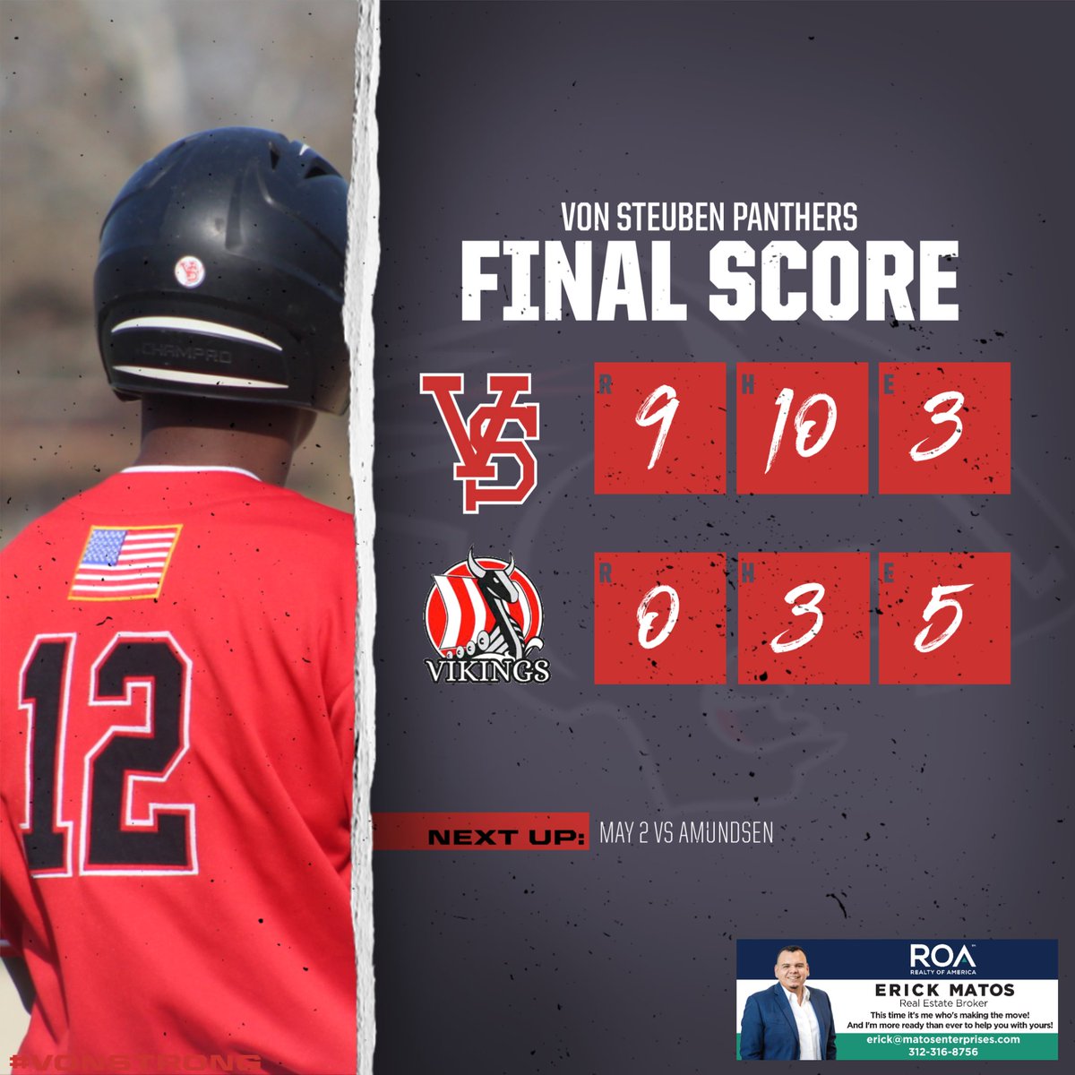 von_athletics's tweet photo. Von shuts out Amundsen 9-0. Axel Rivera was dominant on the mound (7 IP, 0 R, 3 H, 13 K). Matteo Banuelos, Gianni Nino, and Axel Rivera drove in 2 runs apiece. Go Panthers! @cplathletics @mikeclarkpreps @vonsteubenmsc https://t.co/1OJIgRwSUN