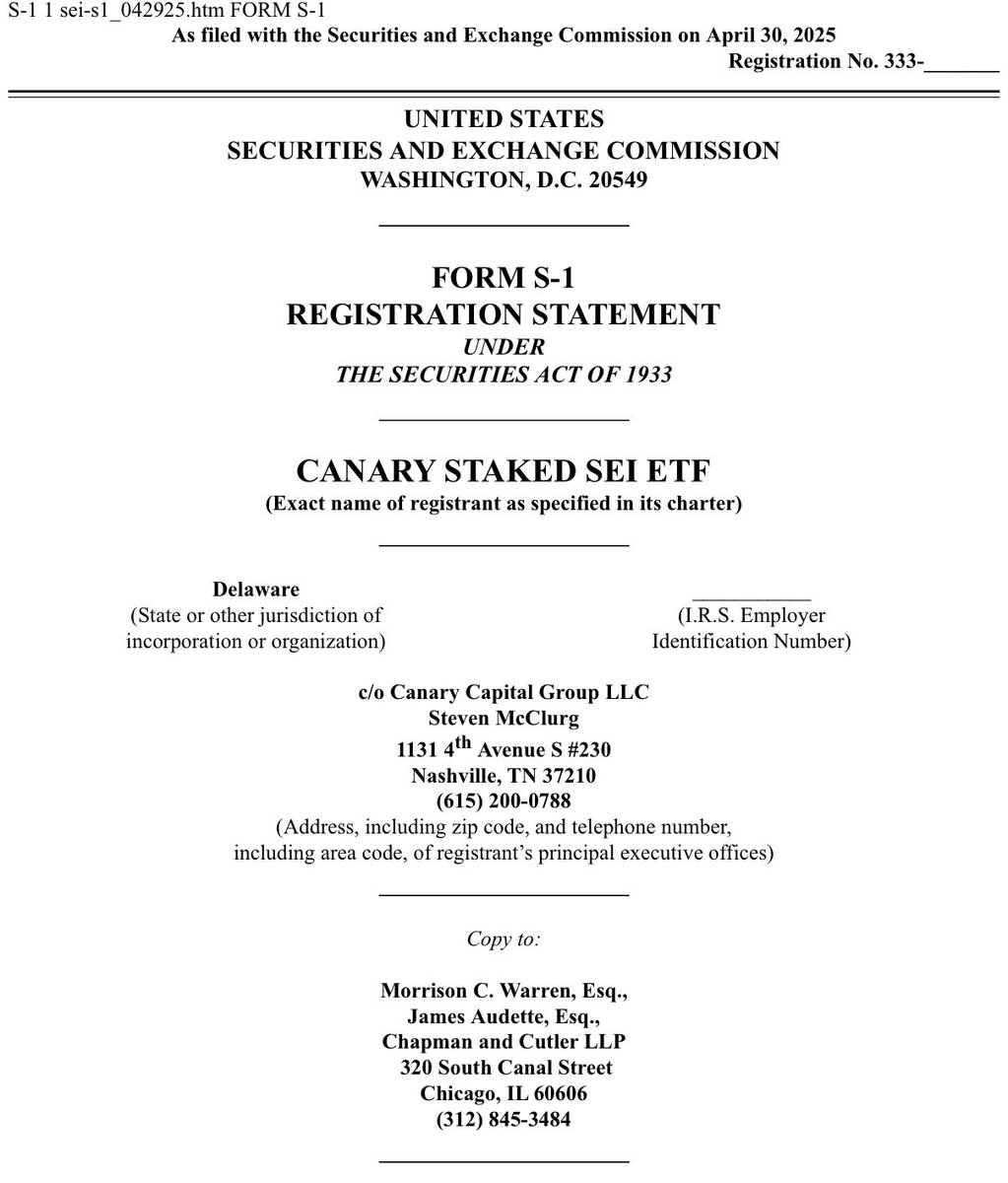 🚨 JUST IN: Canary Capital has officially filed an S-1 for a Staked SEI ETF.

The fund aims to track the price of $SEI while offering extra yield through participation in the network’s PoS mechanism.