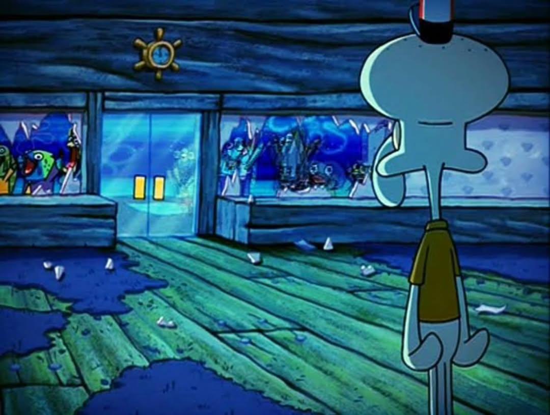 plesbob's tweet image. Demi mengejar validasi dan pengakuan orang, Squidward pernah ingin membuktikan kalau dirinya sukses dihadapan Squilliam dengan meminjam aset Tuan Krabs. Kesuksesan palsu agar dirinya terpandang,  hal ini menjadi satu hal momen paling memalukan bagi Squidward selama hidupnya.