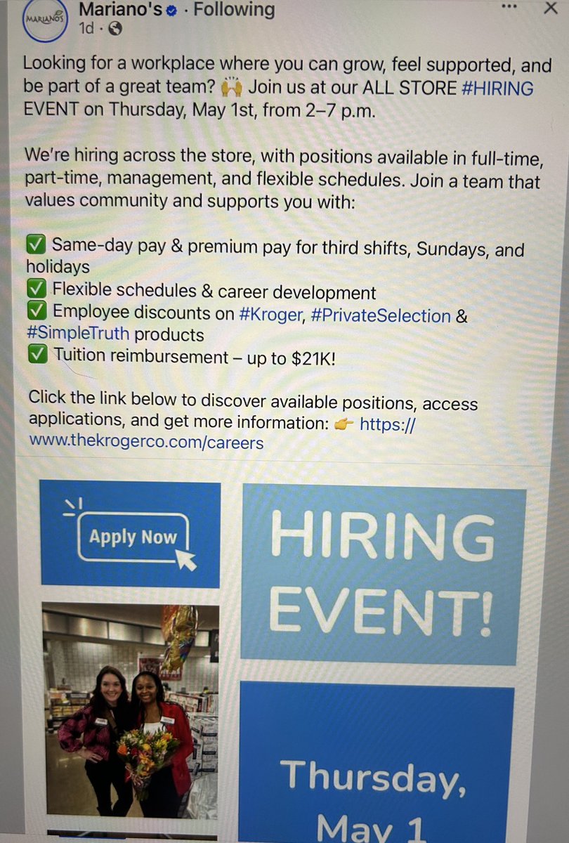 Mariano’s Hiring event tomorrow!!!!