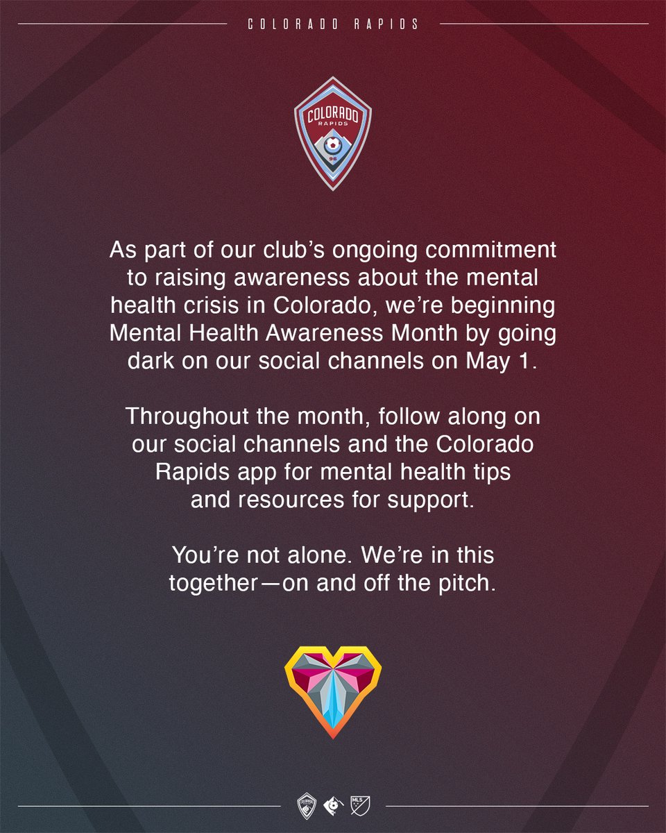 Tomorow, we will be stepping away from our social channels as part of our club’s ongoing commitment to raising awareness of the mental health crisis in Colorado. 

We will be back online on Friday. Take care of yourself and those around you ❤️

#Rapids96