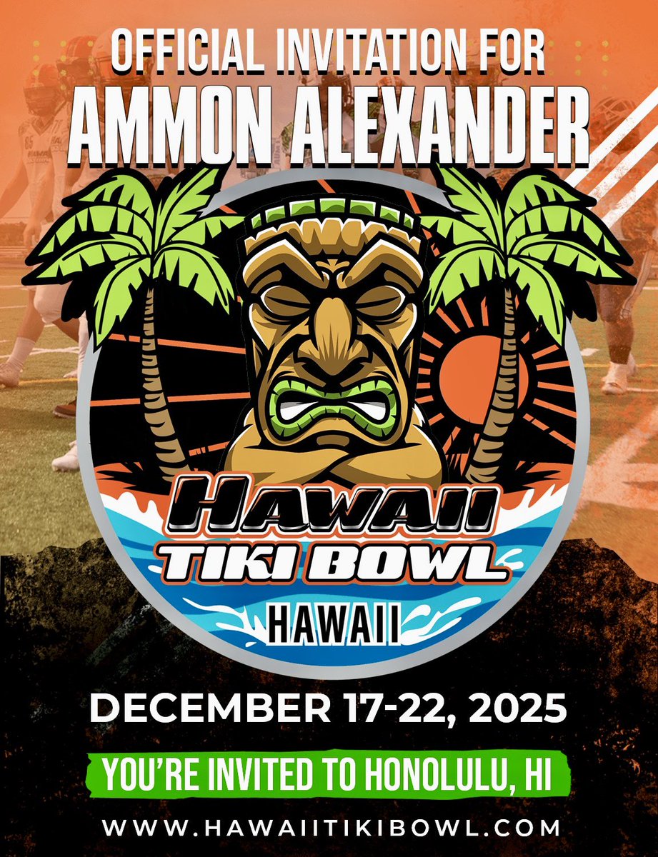 Ammon Alexander (@big_ole_ammon) on Twitter photo Thankful to be invited to be a part of the <a href="/HawaiiTikiBowl/">Hawaii Tiki Bowl</a> this December in Hawaii! Excited to be coached by some of the best and compete in beautiful Honolulu! <a href="/RonTBAOL/">Ron Sowers</a> <a href="/BFHS_ChargersFB/">BFHS Chargers Football</a> <a href="/CoachA_Mont/">Gilbert Andy Montaรฑo</a> <a href="/cuff_lee/">COACH WALTER LEE CUFF</a> <a href="/CoachPerrone/">Coach Perrone (My Recruits)</a> <a href="/PrepRedzoneAZ/">Prep Redzone Arizona</a> <a href="/azc_obert/">Richard Obert</a> <a href="/BrandonHuffman/">Brandon Huffman</a> Thankful to be invited to be a part of the <a href="/HawaiiTikiBowl/">Hawaii Tiki Bowl</a> this December in Hawaii! Excited to be coached by some of the best and compete in beautiful Honolulu! <a href="/RonTBAOL/">Ron Sowers</a> <a href="/BFHS_ChargersFB/">BFHS Chargers Football</a> <a href="/CoachA_Mont/">Gilbert Andy Montaรฑo</a> <a href="/cuff_lee/">COACH WALTER LEE CUFF</a> <a href="/CoachPerrone/">Coach Perrone (My Recruits)</a> <a href="/PrepRedzoneAZ/">Prep Redzone Arizona</a> <a href="/azc_obert/">Richard Obert</a> <a href="/BrandonHuffman/">Brandon Huffman</a>