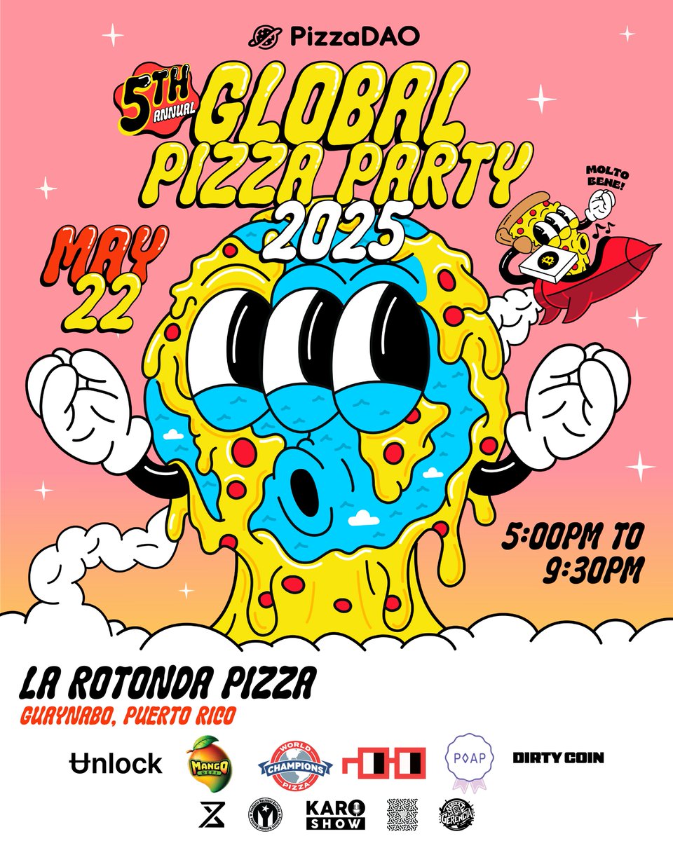 ¡Hace 15 años alguien pagó 10,000 BTC por dos pizzas!

Y como tradición para celebrar ese momento histórico nos unimos a la 5ta edición del Global Pizza Party junto a <a href="/Pizza_DAO/">PizzaDAO.eth 🍕🏴‍☠️</a>, con comunidad, arte, POAP… y sí, 🍕 PIZZA GRATIS.

📍La Rotonda Pizza, Guaynabo
🗓️ 22 de mayo
🕔
