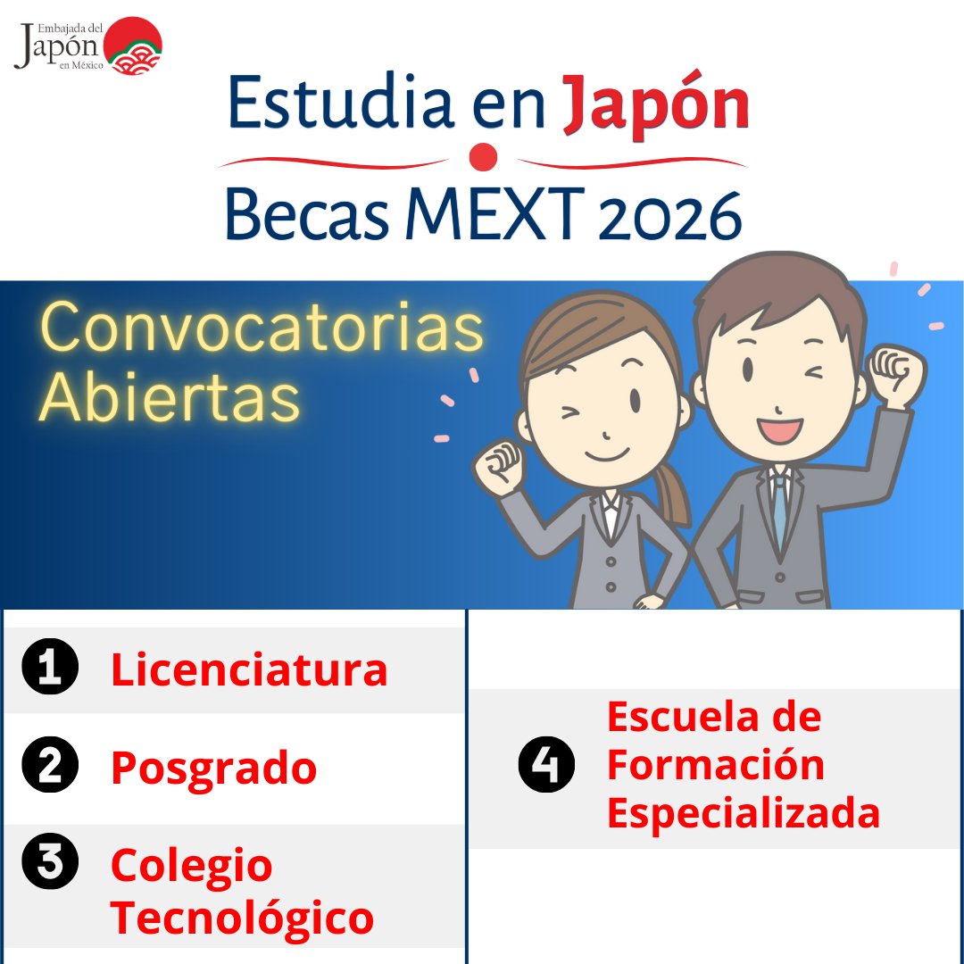 📣Se ha abierto la convocatoria de #BecasMEXT 2025 que el Ministerio de Educación, Cultura, Deporte, Ciencia y Tecnología del Japón (#Monbukagakusho) ofrece. Si conoces a alguien que quiera estudiar en Japón🇯🇵, etiquétalo 😍
mx.emb-japan.go.jp/itpr_es/00_000…
#Becas #EmbJapónMx