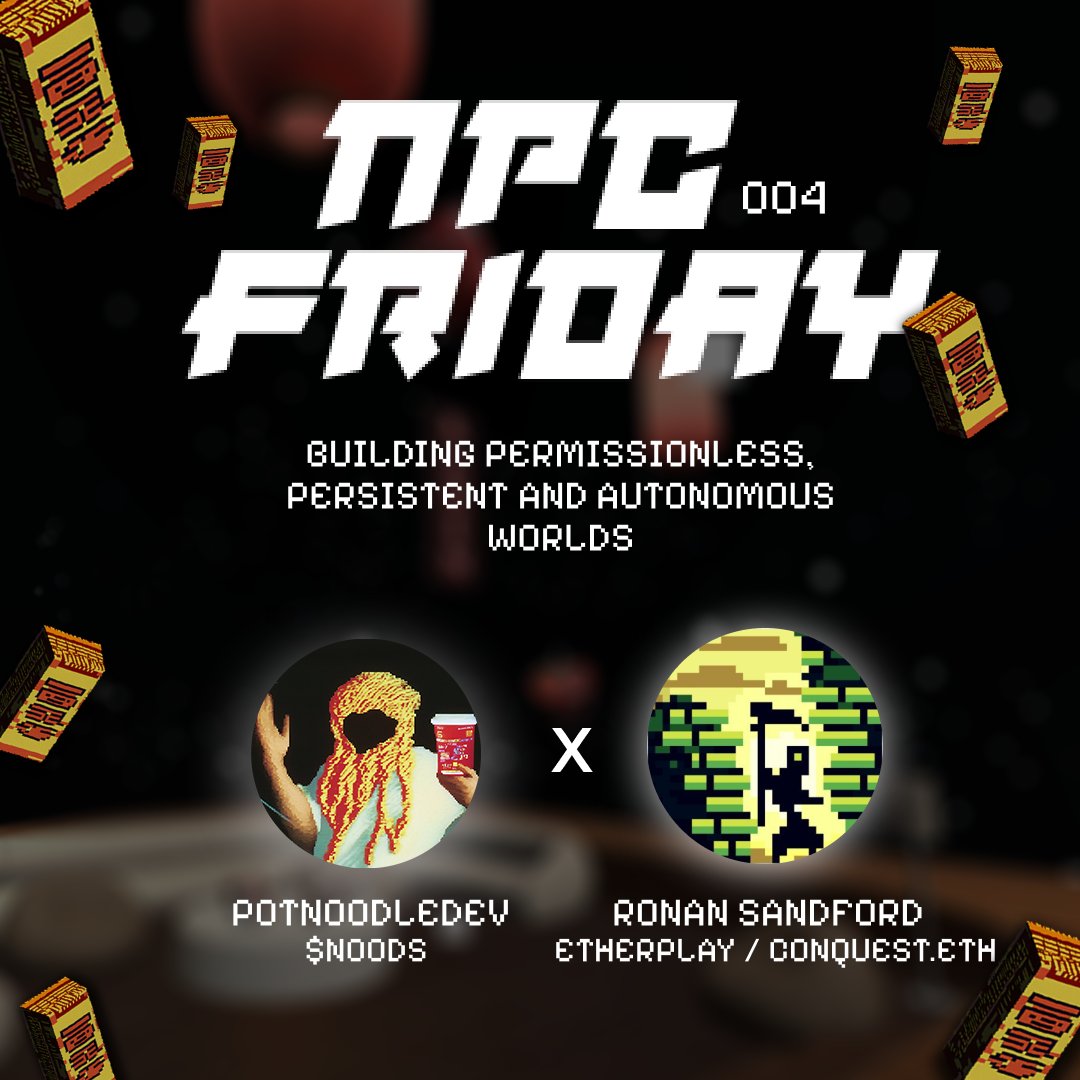 potnoodledev's tweet photo. This #NPCFriday ๐๐๐
Join me as we welcome @wighawag, creator of infinite games @conquest_eth and @stratagems_eth!
We'll jam around what vibe coding and all things AI mean for building onchain games and autonomous worlds ๐
See you there! โก๏ธhttps://t.co/STOiM4Yv14 https://t.co/lCC0SSv9pj