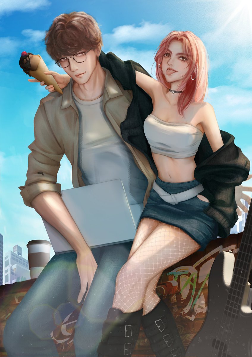 #Portfolio #웹소설표지 #커미션 #イラスト 
RT💕 포트폴리오 완성💕
핫걸과 너드(근데 이제..너드지만 너드가 아닌 너낌..͡° ͜ʖ ͡°)의 조합으로 그려보고 싶었어요ㅎㅎ
누가 더 적극적일 것 같나요?🤣👍🏻
친구>연인 💻🩷🎸