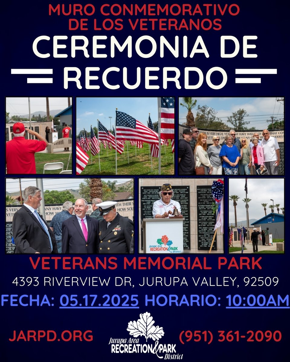 JARPD1984's tweet photo. On armed forces day, the Jurupa Area Recreation &amp; Park District honors those who have served their community and their country. Join us for the Veterans Memorial Wall Remembrance Ceremony on May 17th at 10:00 AM at Veterans Memorial Park (4393 Riverview Dr, Jurupa Valley 92509) https://t.co/8PNvIWh72E