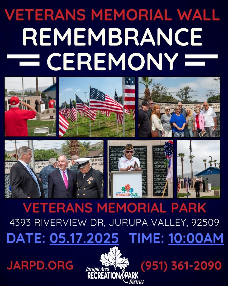 JARPD1984's tweet photo. On armed forces day, the Jurupa Area Recreation &amp; Park District honors those who have served their community and their country. Join us for the Veterans Memorial Wall Remembrance Ceremony on May 17th at 10:00 AM at Veterans Memorial Park (4393 Riverview Dr, Jurupa Valley 92509) https://t.co/8PNvIWh72E