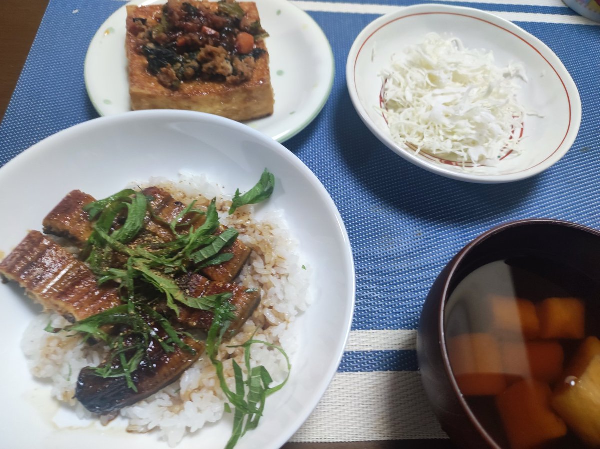 tigerpanda99's tweet photo. おはようございます☀昨日の夕食です

・うな丼
・厚揚げ田楽
・お吸い物
・サラダ

今日は定期通院の日です
2週間に1度 往診の先生が来てくれるので
通院は2カ月に1度になったよ
酸素をつなぎ変えて
ちょっとした冒険です
苦しまず無事に行けますように
頑張ります😊

 #おうちごはん https://t.co/OvhU0omPH5