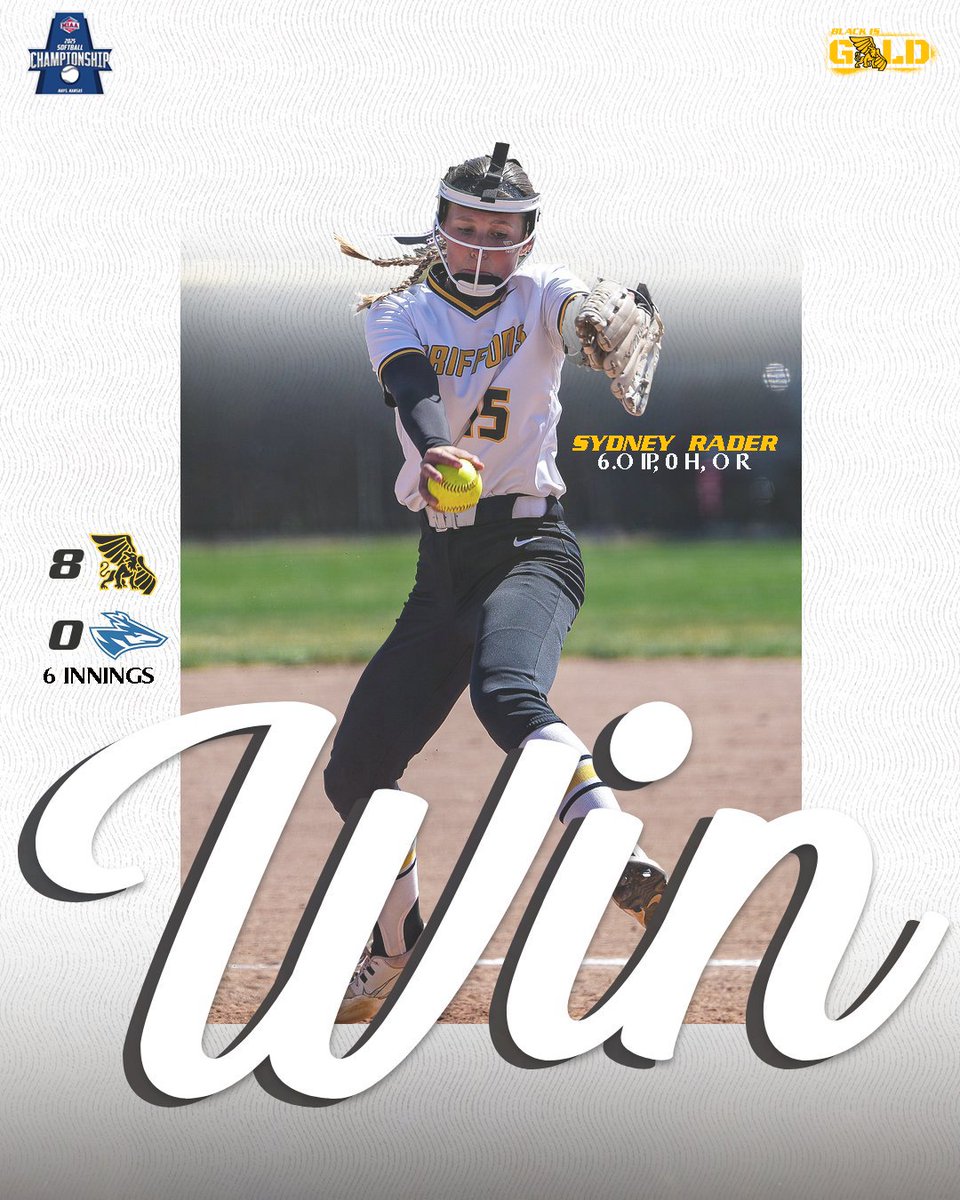 Griffons Win! 🔔

Senior Sydney Rader threw a 6-inning no-hitter! 🚨

Next up: No. 24 Pittsburg State tomorrow at 6:30 PM.

#BlackisGold🔔 | #GriffUp🦅🦁
