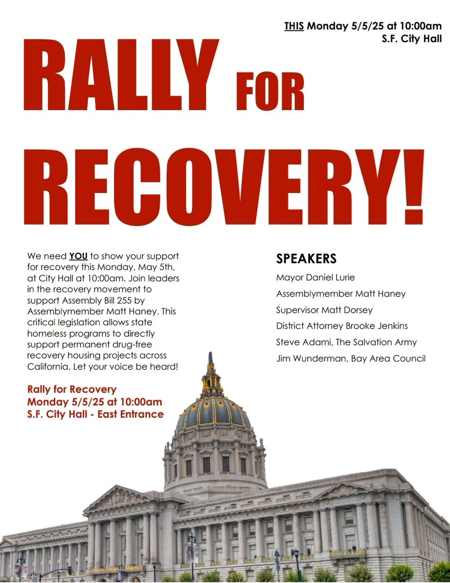 T Wolf 🌁 (@twolfrecovery) on Twitter photo Come out to SF City Hall this Monday 5/5 to support recovery housing in California! AB255, if passed, allows up to 25% of housing first dollars to be used for drug-free recovery residences! California needs recovery. Now! <a href="/DanielLurie/">Daniel Lurie 丹尼爾·羅偉</a> <a href="/TraciParkforLA/">TraciParkforLA</a> <a href="/MattMahanSJ/">Mayor Matt Mahan</a> Come out to SF City Hall this Monday 5/5 to support recovery housing in California! AB255, if passed, allows up to 25% of housing first dollars to be used for drug-free recovery residences! California needs recovery. Now! <a href="/DanielLurie/">Daniel Lurie 丹尼爾·羅偉</a> <a href="/TraciParkforLA/">TraciParkforLA</a> <a href="/MattMahanSJ/">Mayor Matt Mahan</a>