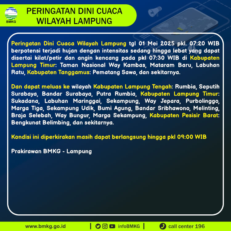infoBMKG's tweet photo. Update Peringatan Dini Cuaca Wilayah - Lampung Tgl. 01 Mei 2025 pkl. 07:30 WIB
Prakirawan - BMKG - Lampung
https://t.co/yyKHL7Egxs https://t.co/bwGffQYz1G