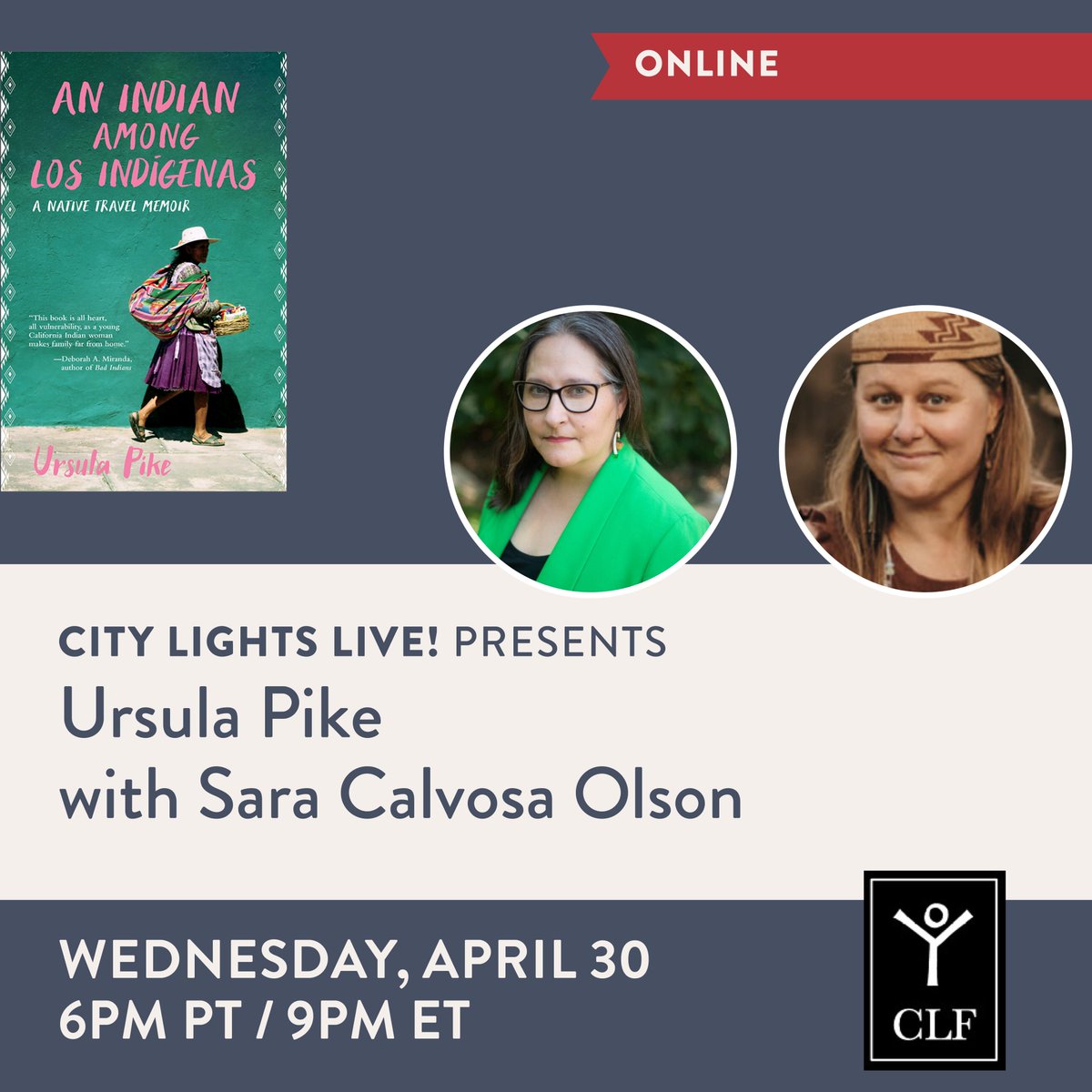Join City Lights Live! on Zoom at 6pm PT! 🌸

We'll be talking with <a href="/urs_pike/">Ursula Pike</a> and Sara Calvosa Olson to celebrate Ursula Pike's new book, AN INDIAN AMONG LOS INDÍGENAS: A Native Travel Memoir [<a href="/heydaybooks/">heydaybooks</a>] in less than 40 minutes!

Link to register: citylights.com/events/ursula-…