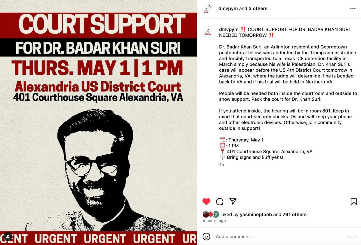 Yasmine Taeb (@yasminetaeb) on Twitter photo <a href="/RepDonBeyer/">Rep. Don Beyer</a> The hearing is tomorrow. Please come out to the courthouse tomorrow to show support for Dr. Badar Khan Suri <a href="/RepDonBeyer/">Rep. Don Beyer</a> The hearing is tomorrow. Please come out to the courthouse tomorrow to show support for Dr. Badar Khan Suri