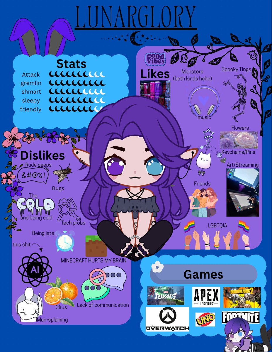 :crescent_moon::sparkles:𝐍𝐞𝐰 𝐈𝐧𝐭𝐫𝐨𝐝𝐮𝐜𝐭𝐢𝐨𝐧 :sparkles: ‧₊˚:crescent_moon:⋅

Hewwo, my new Shnack, i am Lunar, your chaotic and loud vampire fae queen! expect some gaming and yapping on our game nights together! 

❥︱ twitch: twitch.tv/lunarglory

❥︱ art tag: