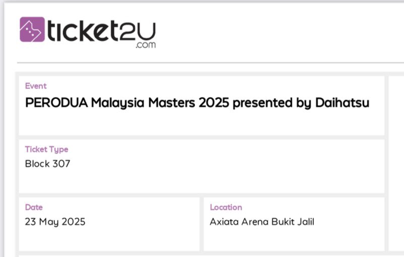 mieraar's tweet photo. Hi guys. I ada lebih ticket Malaysia Masters Block 307 for Quarter Final stage. RM230 pm please if interested. Thank you☺️🙏 #malaysiamasters2025 #BadmintonMalaysia https://t.co/1XxBm8f2WS