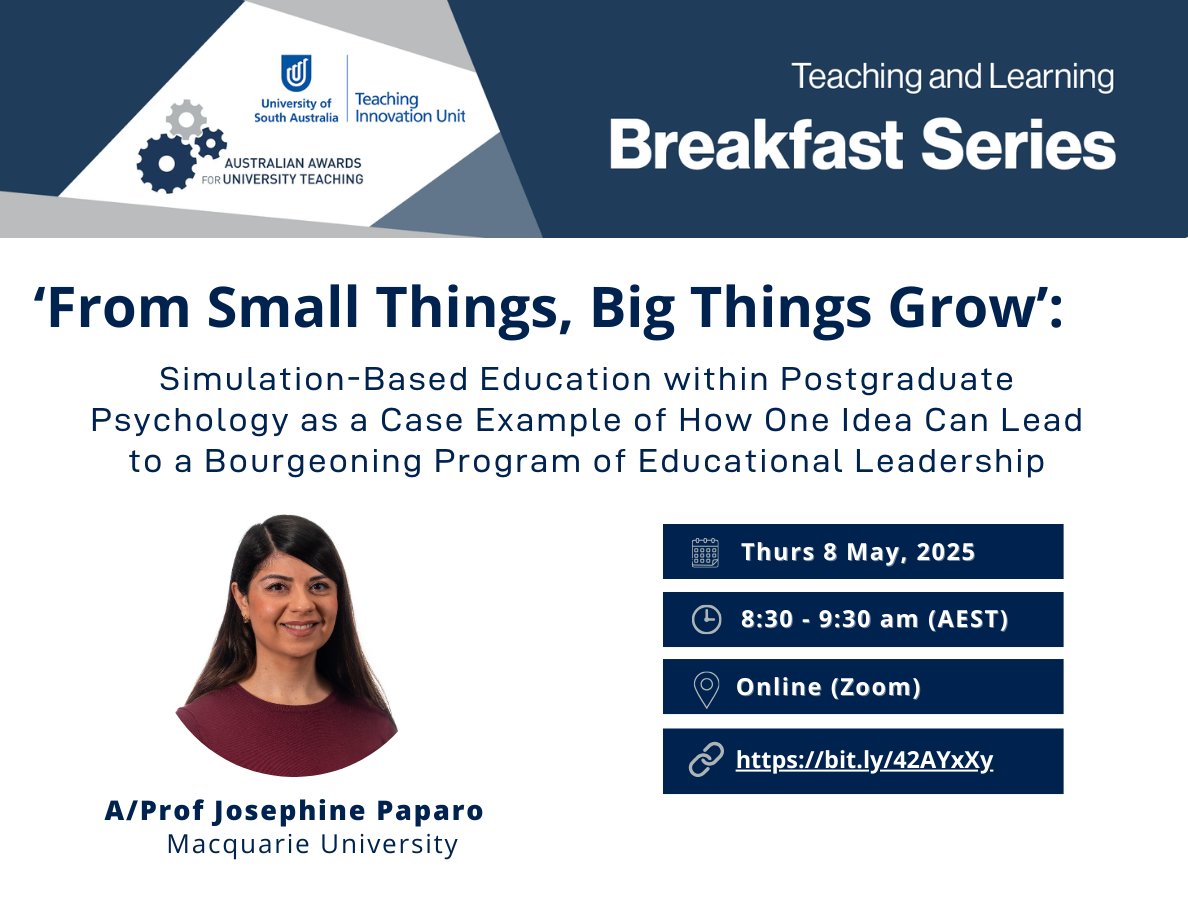 Australian Awarded University Teachers' Network (@aautnetwork) on Twitter photo 📢 Join us for the upcoming T&L Breakfast session:
A/Prof Josephine Paparo from <a href="/Macquarie_Uni/">Macquarie University</a> for
‘From Small Things, Big Things Grow’ – how one simulation-based idea sparked educational leadership.
🗓️ Thurs 8 May, 8:30am (AEST)
📍 Zoom
🔗 Register: bit.ly/42AYxXy 📢 Join us for the upcoming T&L Breakfast session:
A/Prof Josephine Paparo from <a href="/Macquarie_Uni/">Macquarie University</a> for
‘From Small Things, Big Things Grow’ – how one simulation-based idea sparked educational leadership.
🗓️ Thurs 8 May, 8:30am (AEST)
📍 Zoom
🔗 Register: bit.ly/42AYxXy